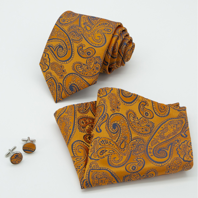 Set cravată, batistă de buzunar și butoni de manșetă | Model Jacquard Paisley | Fire poliester | Diametrul butonilor de manșetă 1,5 cm