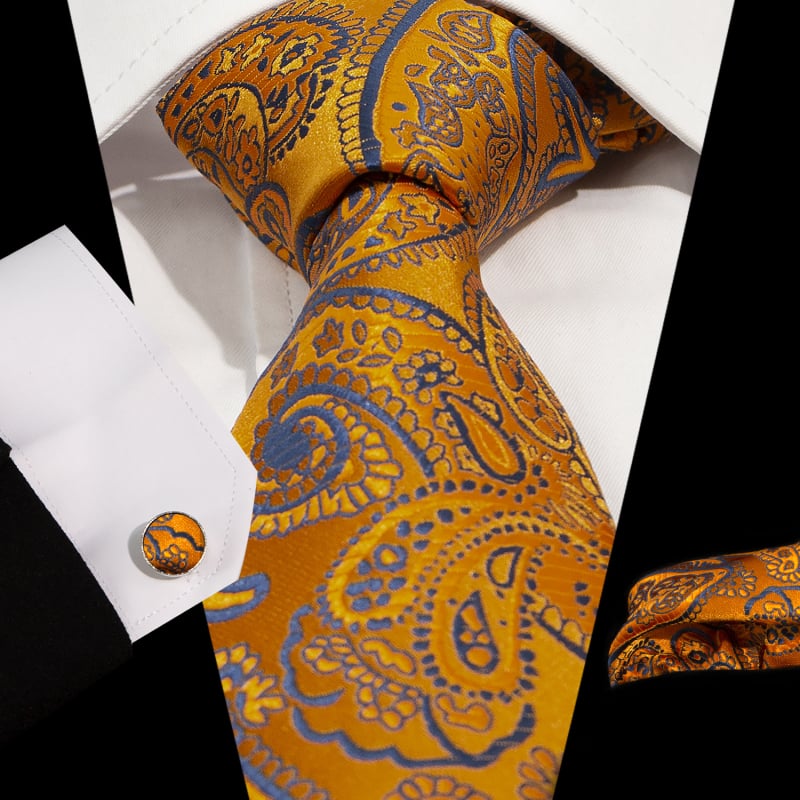 Set cravată, batistă de buzunar și butoni de manșetă | Model Jacquard Paisley | Fire poliester | Diametrul butonilor de manșetă 1,5 cm