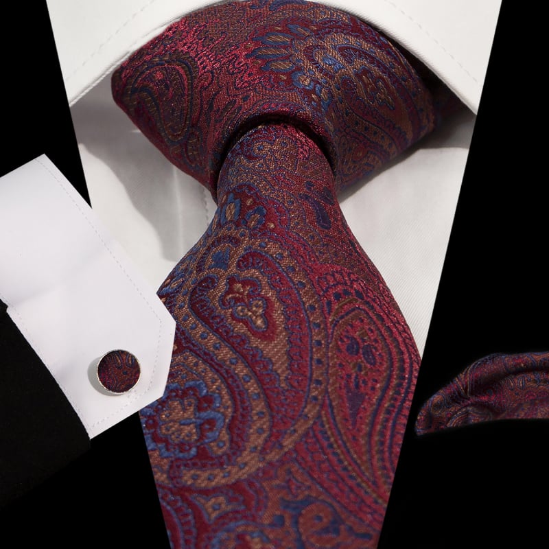 Set cravată, batistă de buzunar și butoni de manșetă | Model Jacquard Paisley | Fire poliester | Diametrul butonilor de manșetă 1,5 cm