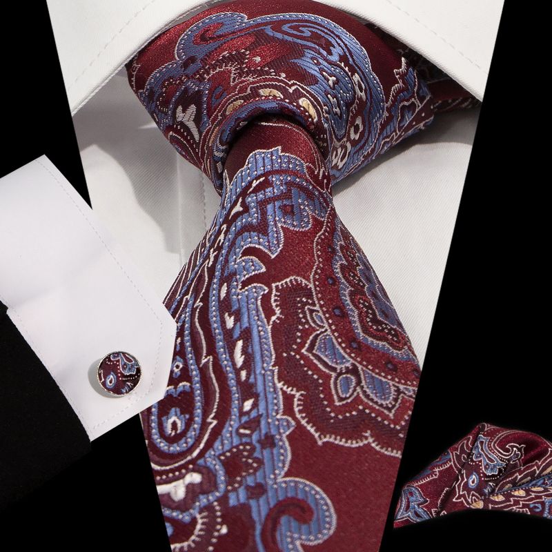 Set cravată, batistă de buzunar și butoni de manșetă | Model Jacquard Paisley | Fire poliester | Diametrul butonilor de manșetă 1,5 cm