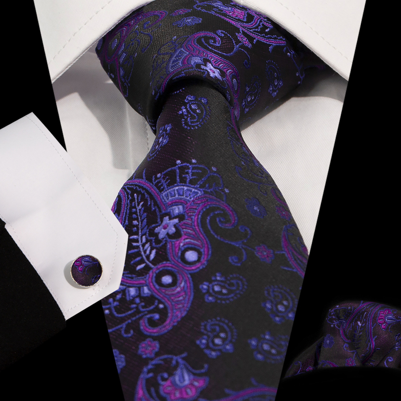 Set cravată, batistă de buzunar și butoni de manșetă | Model Jacquard Paisley | Fire poliester | Diametrul butonilor de manșetă 1,5 cm