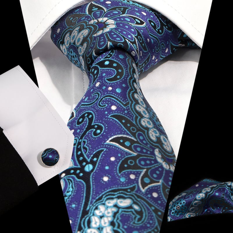 Set cravată, batistă de buzunar și butoni de manșetă | Model Jacquard Paisley | Fire poliester | Diametrul butonilor de manșetă 1,5 cm