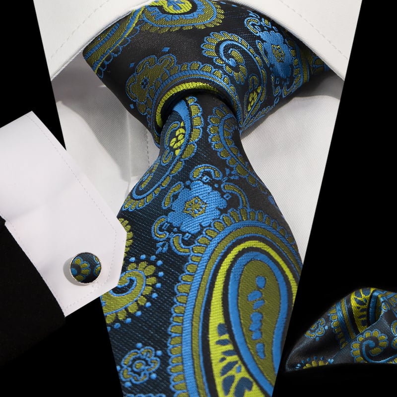 Set cravată, batistă de buzunar și butoni de manșetă | Model Jacquard Paisley | Fire poliester | Diametrul butonilor de manșetă 1,5 cm