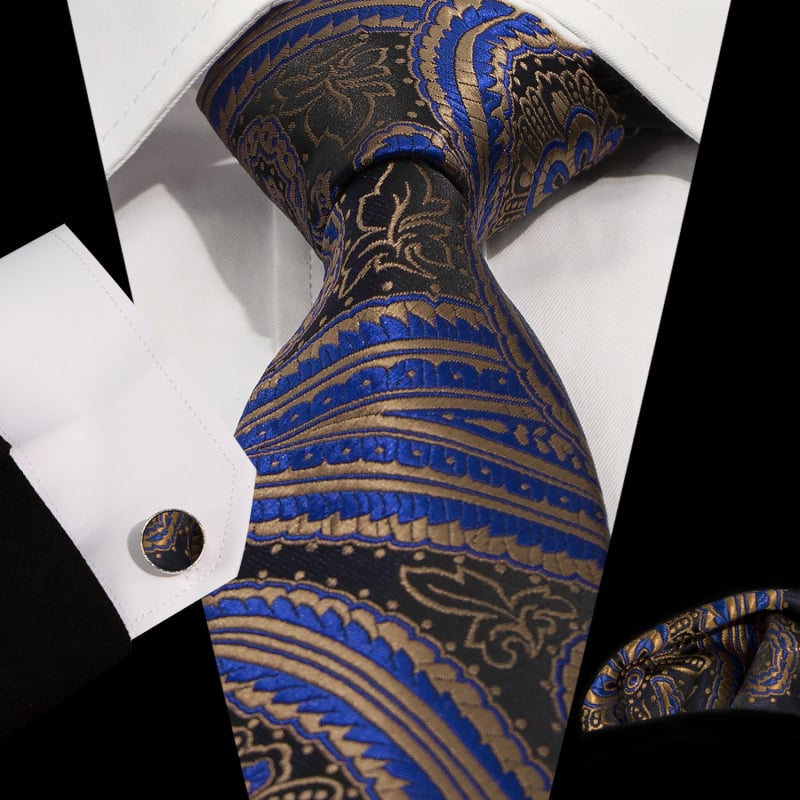 Set cravată, batistă de buzunar și butoni de manșetă | Model Jacquard Paisley | Fire poliester | Diametrul butonilor de manșetă 1,5 cm