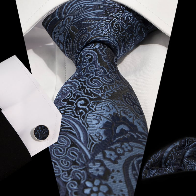 Set cravată, batistă de buzunar și butoni de manșetă | Model Jacquard Paisley | Fire poliester | Diametrul butonilor de manșetă 1,5 cm