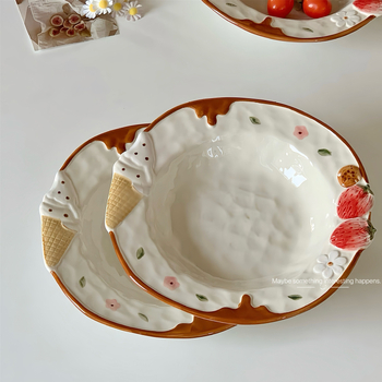 Porcelanski duboki tanjur u Ins stilu, s podglazurnim završnim slojem, okrugli, mikrovalno siguran, tanjur za doručak i desert.