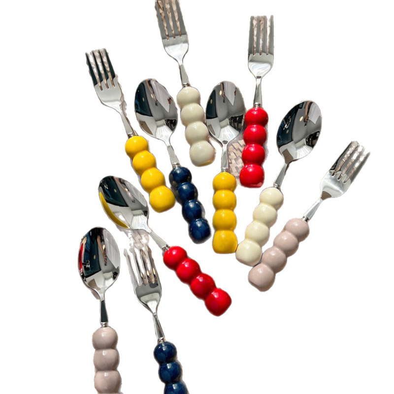 Kerámiával fogantyúzott kés, villa és kanál készlet, 304 rozsdamentes acélból, tükörfényes felület, egyszínű dizájn, friss és aranyos stílus