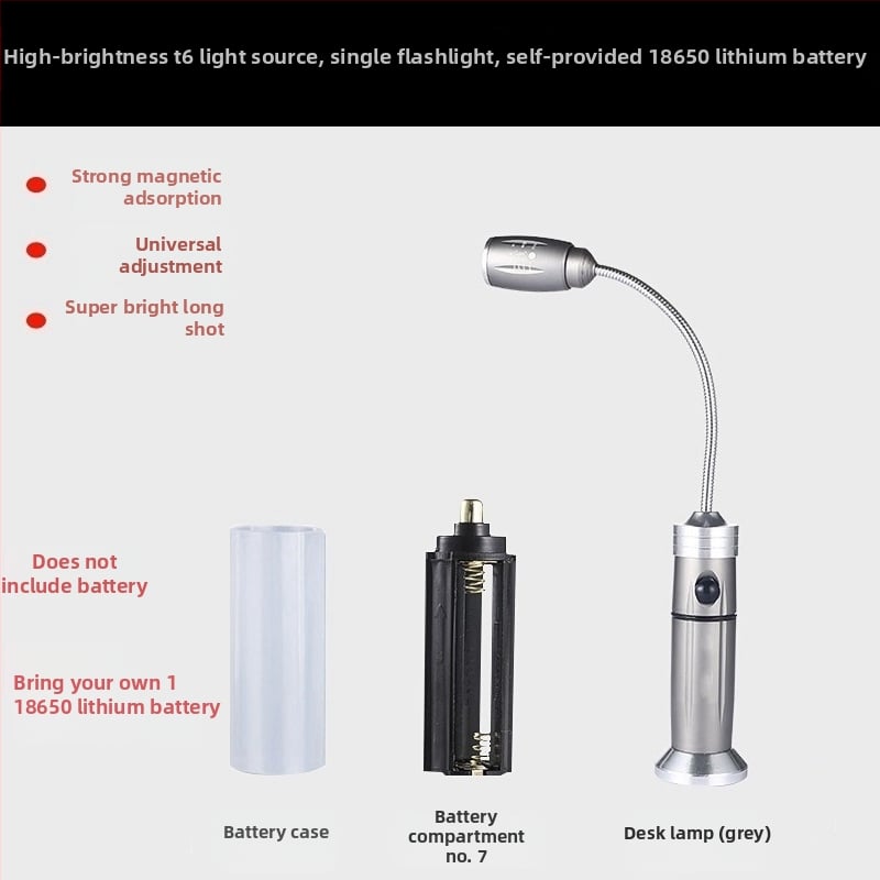 LED лампа за работа с гъвкава тръба, Ledora чип, презареждаща се, регулирам фокус, корпус от алуминиева сплав, ≤100 лм