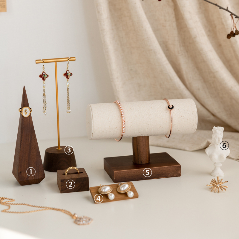 Suport pentru bijuterii din lemn de nuc – în formă de T, două niveluri, pentru inele, brăţări şi cercei, recuzită fotografică