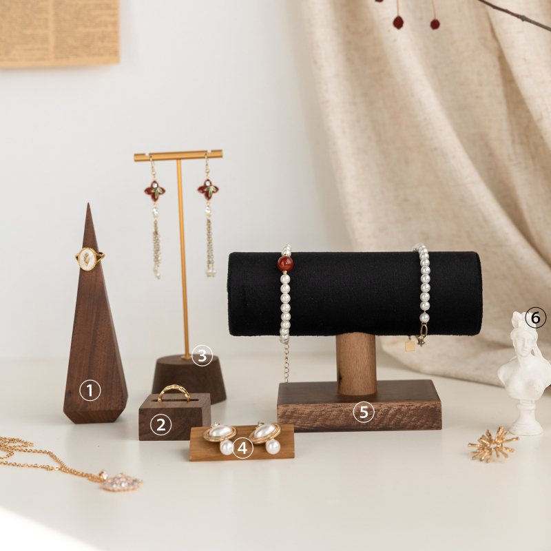 Suport pentru bijuterii din lemn de nuc – în formă de T, două niveluri, pentru inele, brăţări şi cercei, recuzită fotografică