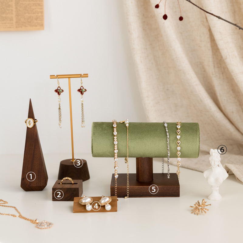 Suport pentru bijuterii din lemn de nuc – în formă de T, două niveluri, pentru inele, brăţări şi cercei, recuzită fotografică