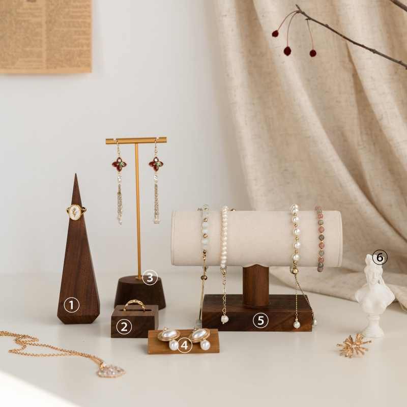 Suport pentru bijuterii din lemn de nuc – în formă de T, două niveluri, pentru inele, brăţări şi cercei, recuzită fotografică