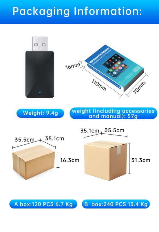 Automobilių CarPlay belaidžio konverterio dėžutė — kabelinis CarPlay į belaidį, aliuminio lydinys + ABS plastikas, 5V, 5W, TAB0E, pritaikomas