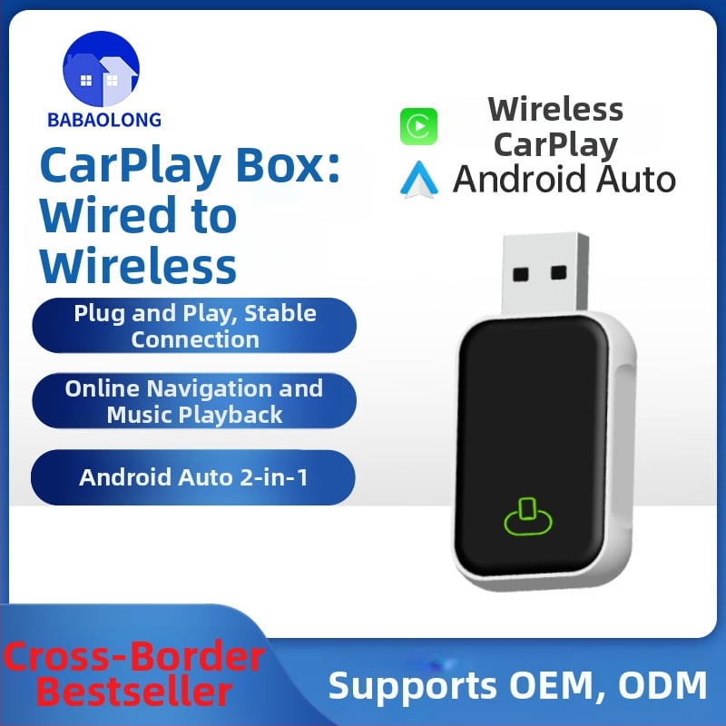 Automobilių CarPlay belaidžio konverterio dėžutė — kabelinis CarPlay į belaidį, aliuminio lydinys + ABS plastikas, 5V, 5W, TAB0E, pritaikomas