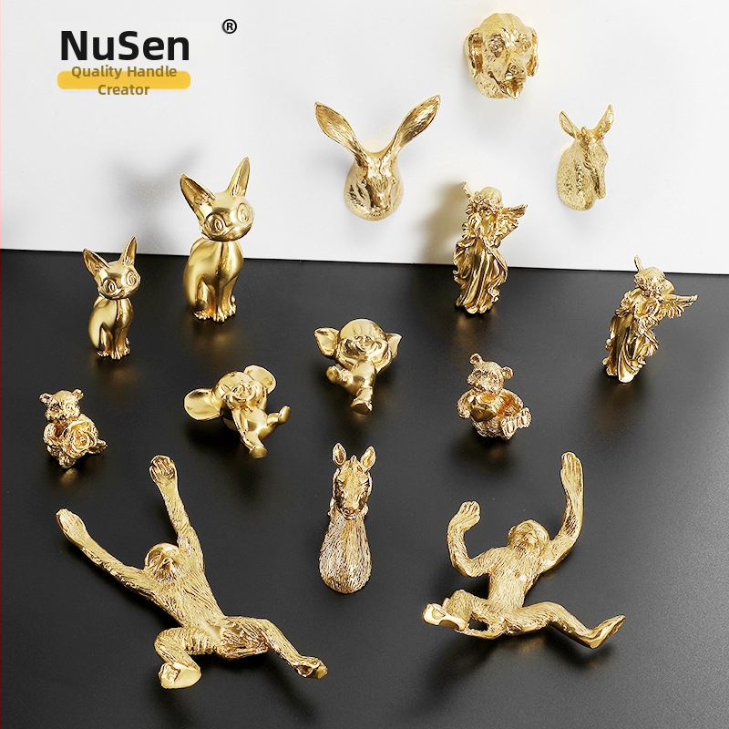 Mesingana ručka za namještaj s glavom životinje – dizajn: majmun, mačka, miš, medvjed, pas, jelen, zec, konj – za garderobu, ladicu, ormar i ormar za cipele – Model MY003 – Kreativni francusko-skandinavski stil