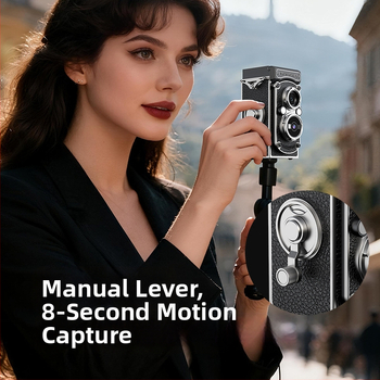 Cameră vintage cu manivelă, obiectiv dual CCD, 10MP, senzor 1/1.4 inch, ecran LCD 1.54 inch, USB 3.0, operare complet manuală