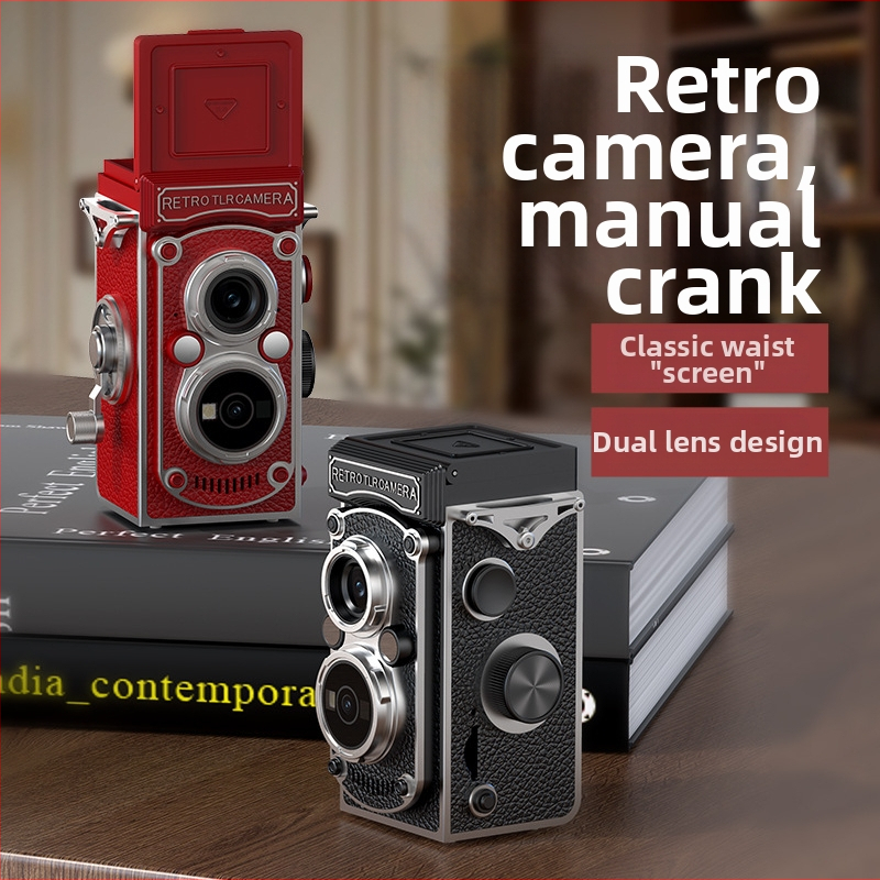 Cameră vintage cu manivelă, obiectiv dual CCD, 10MP, senzor 1/1.4 inch, ecran LCD 1.54 inch, USB 3.0, operare complet manuală