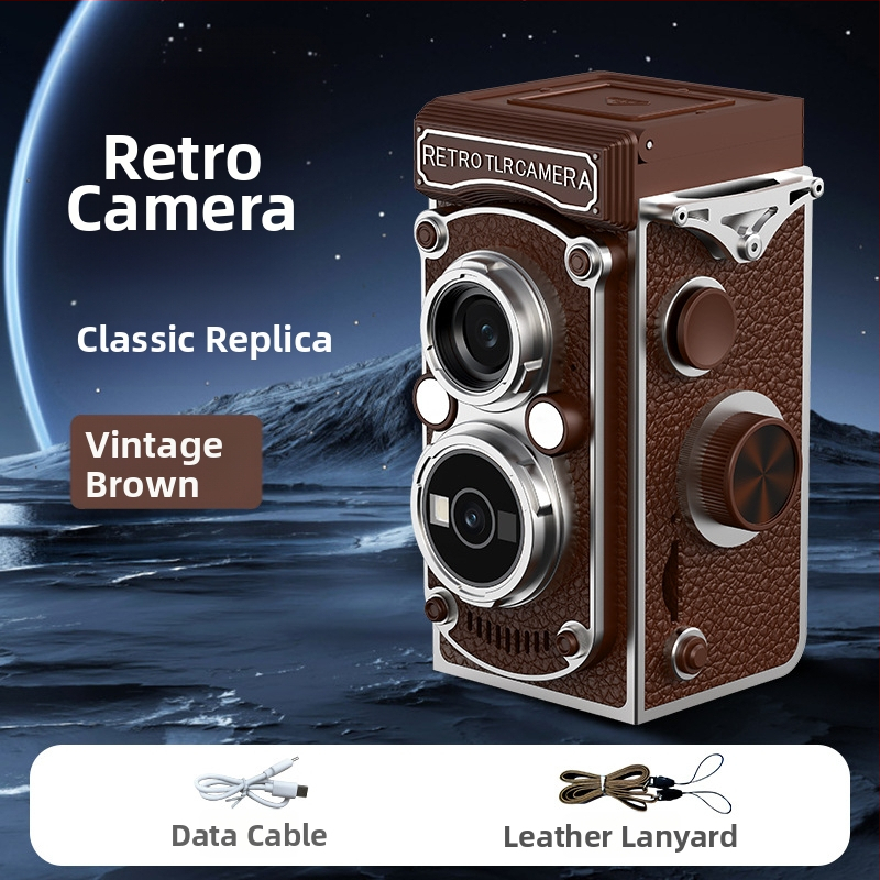 Cameră vintage cu manivelă, obiectiv dual CCD, 10MP, senzor 1/1.4 inch, ecran LCD 1.54 inch, USB 3.0, operare complet manuală