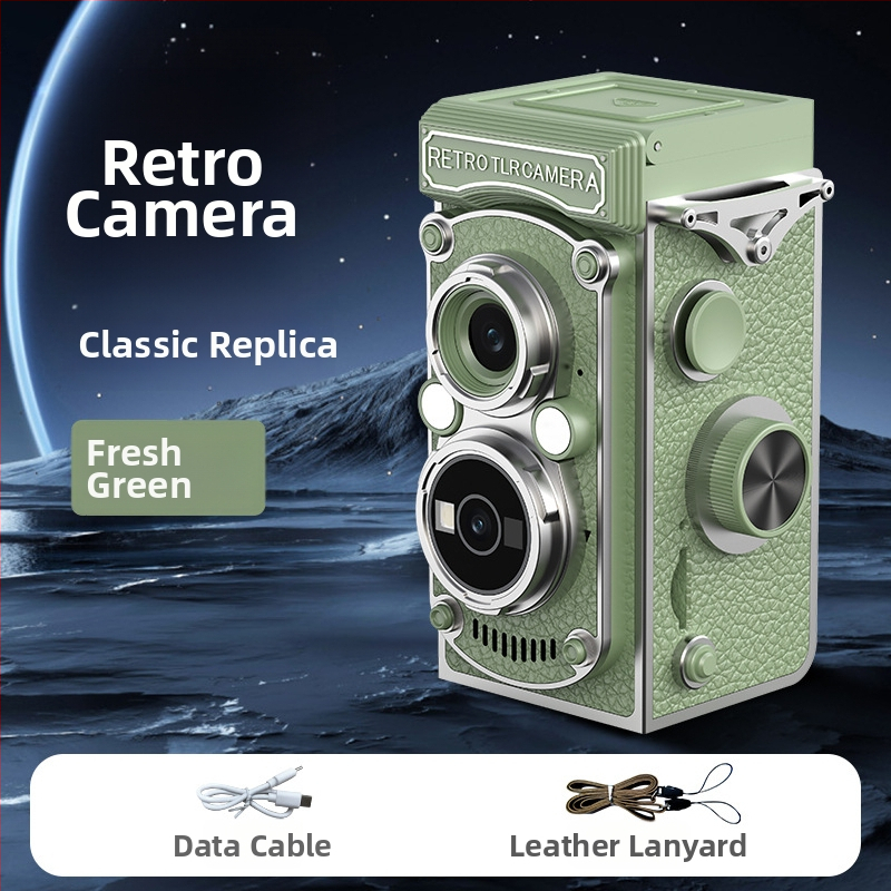 Cameră vintage cu manivelă, obiectiv dual CCD, 10MP, senzor 1/1.4 inch, ecran LCD 1.54 inch, USB 3.0, operare complet manuală