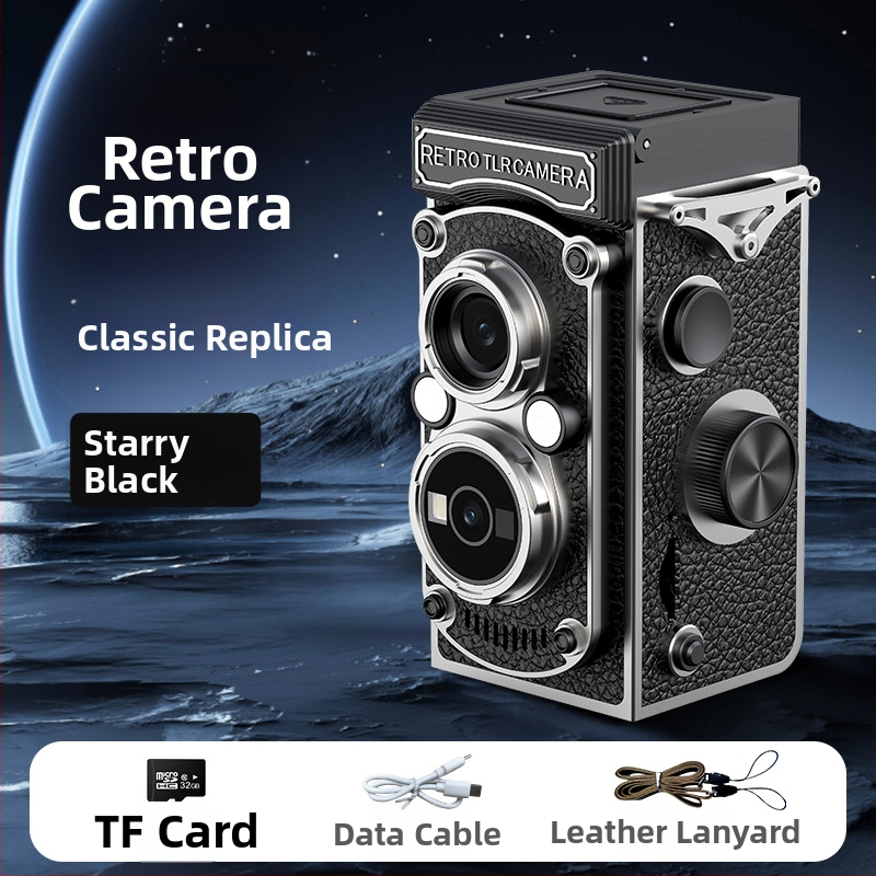 Cameră vintage cu manivelă, obiectiv dual CCD, 10MP, senzor 1/1.4 inch, ecran LCD 1.54 inch, USB 3.0, operare complet manuală