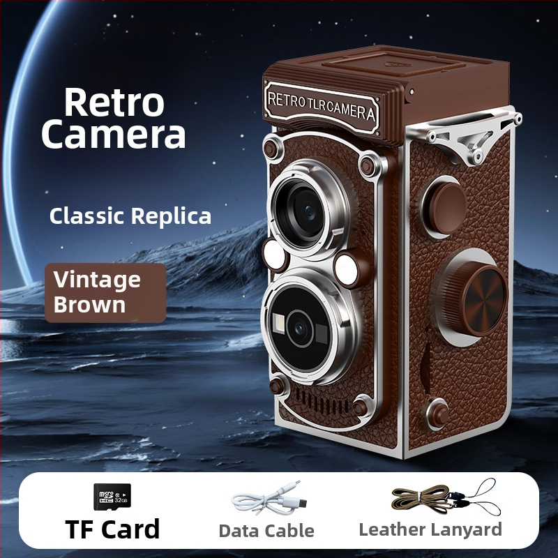 Cameră vintage cu manivelă, obiectiv dual CCD, 10MP, senzor 1/1.4 inch, ecran LCD 1.54 inch, USB 3.0, operare complet manuală