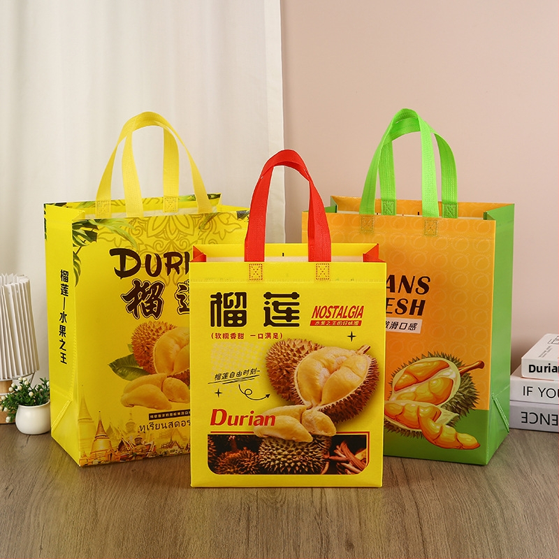 Duriana neaizplūsto soma no netveidā materiāla augļu veikalā iepakojumam – laminēta druka, logotipa druka, apakša un sāni, noliktavā / pielāgojama