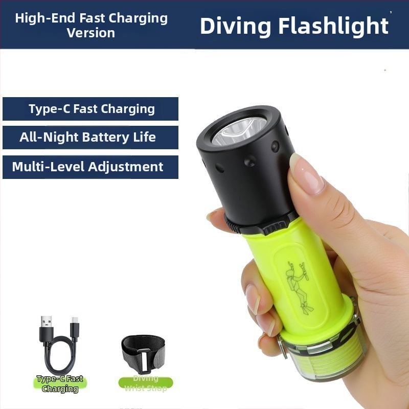 Дайвинг фенерче за подводно осветление, водоустойчиво, презареждащо се, пластмасов корпус, силна светлина, за морски риболов