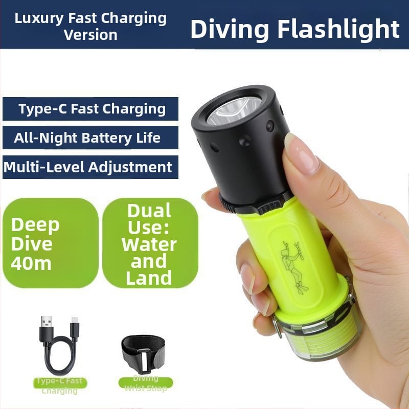 Дайвинг фенерче за подводно осветление, водоустойчиво, презареждащо се, пластмасов корпус, силна светлина, за морски риболов
