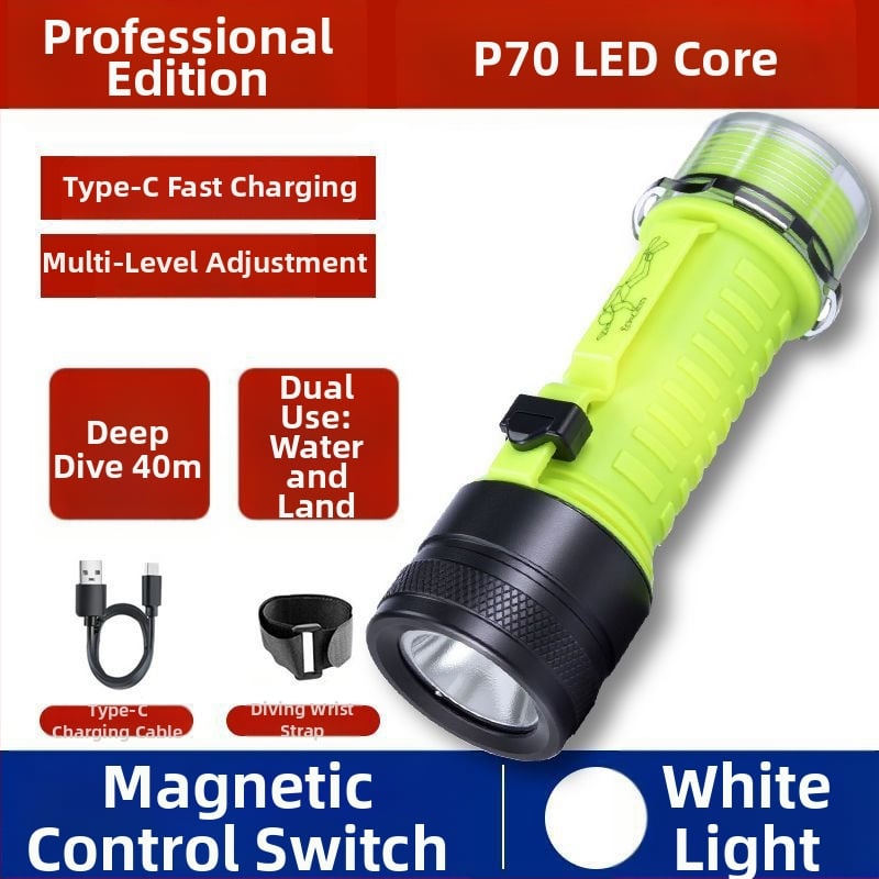 Дайвинг фенерче за подводно осветление, водоустойчиво, презареждащо се, пластмасов корпус, силна светлина, за морски риболов