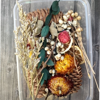 Szárított virágokból készült koszorú erezetes virágokkal és gyümölcs elemekkel, fahéj és citromszeletek díszítéssel, nem festett