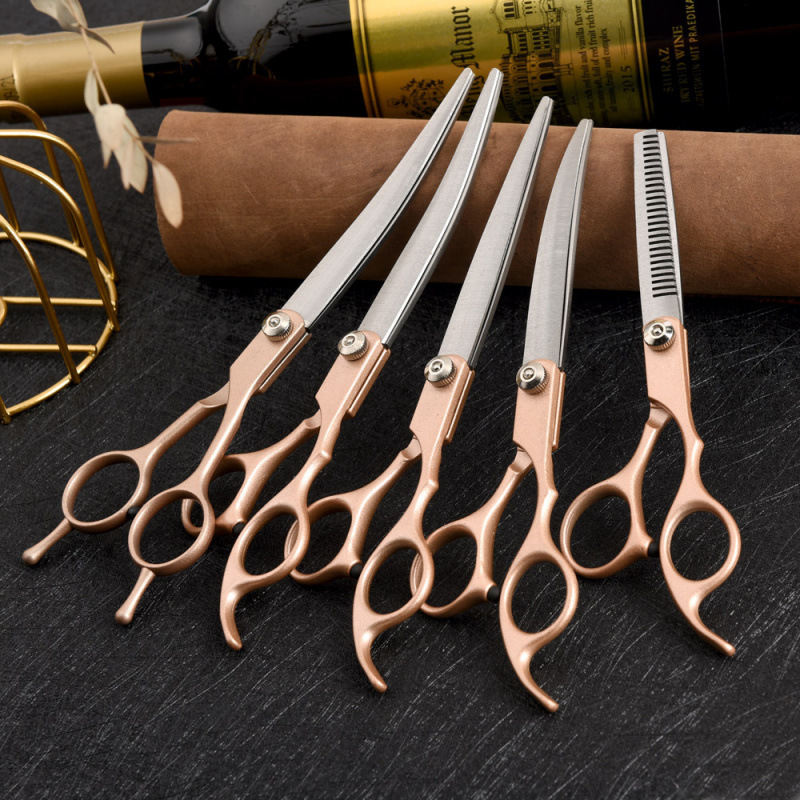 Set de foarfeci pentru îngrijirea animalelor de companie – profesional, pentru tunderea blănii câinelui, cu foarfeci curbe, foarfeci cu dinți și foarfeci drepte