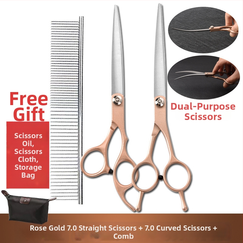 Set de foarfeci pentru îngrijirea animalelor de companie – profesional, pentru tunderea blănii câinelui, cu foarfeci curbe, foarfeci cu dinți și foarfeci drepte