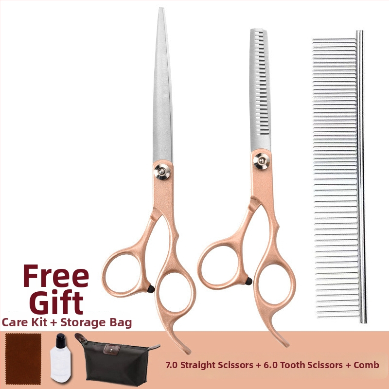 Set de foarfeci pentru îngrijirea animalelor de companie – profesional, pentru tunderea blănii câinelui, cu foarfeci curbe, foarfeci cu dinți și foarfeci drepte