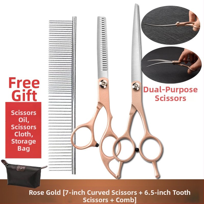 Set de foarfeci pentru îngrijirea animalelor de companie – profesional, pentru tunderea blănii câinelui, cu foarfeci curbe, foarfeci cu dinți și foarfeci drepte