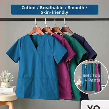 Uniszex tiszta pamut scrubruha V-nyakú, rövid ujjú, középmagas hossz, 95% pamut, hőálló, műtőtermekbe, fogorvosi klinikákra, szépségszalonokba és állatorvosi rendelőkbe
