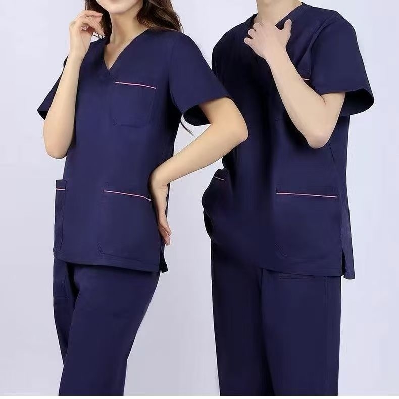 Uniszex tiszta pamut scrubruha V-nyakú, rövid ujjú, középmagas hossz, 95% pamut, hőálló, műtőtermekbe, fogorvosi klinikákra, szépségszalonokba és állatorvosi rendelőkbe