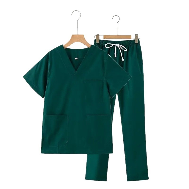 Uniszex tiszta pamut scrubruha V-nyakú, rövid ujjú, középmagas hossz, 95% pamut, hőálló, műtőtermekbe, fogorvosi klinikákra, szépségszalonokba és állatorvosi rendelőkbe