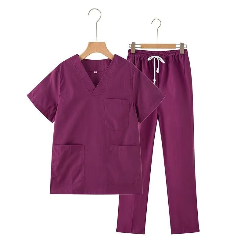 Uniszex tiszta pamut scrubruha V-nyakú, rövid ujjú, középmagas hossz, 95% pamut, hőálló, műtőtermekbe, fogorvosi klinikákra, szépségszalonokba és állatorvosi rendelőkbe