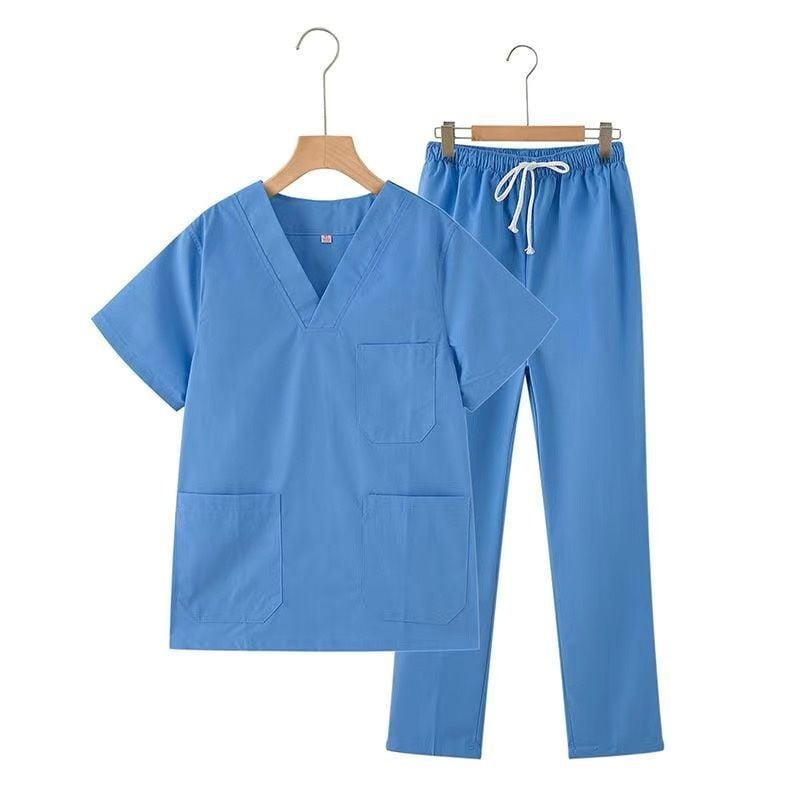 Uniszex tiszta pamut scrubruha V-nyakú, rövid ujjú, középmagas hossz, 95% pamut, hőálló, műtőtermekbe, fogorvosi klinikákra, szépségszalonokba és állatorvosi rendelőkbe