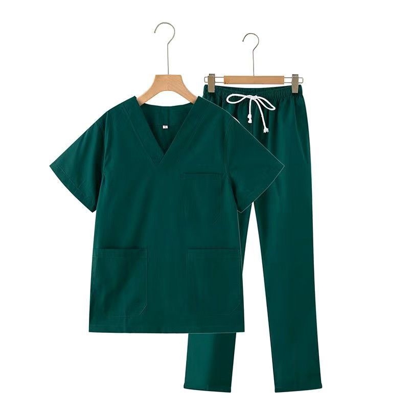 Uniszex tiszta pamut scrubruha V-nyakú, rövid ujjú, középmagas hossz, 95% pamut, hőálló, műtőtermekbe, fogorvosi klinikákra, szépségszalonokba és állatorvosi rendelőkbe
