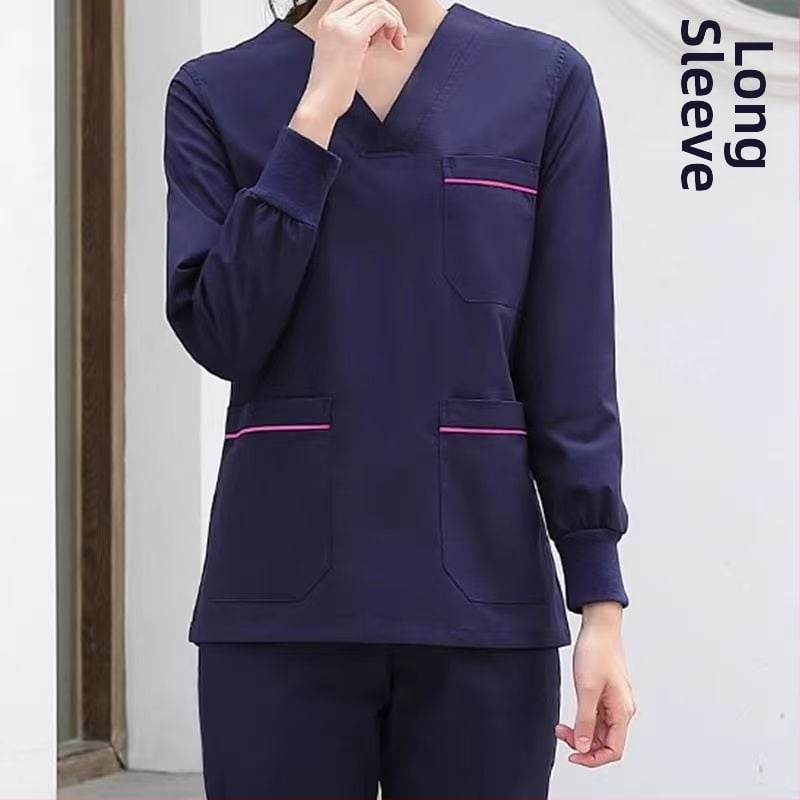 Uniszex tiszta pamut scrubruha V-nyakú, rövid ujjú, középmagas hossz, 95% pamut, hőálló, műtőtermekbe, fogorvosi klinikákra, szépségszalonokba és állatorvosi rendelőkbe