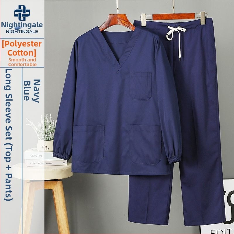 Uniszex tiszta pamut scrubruha V-nyakú, rövid ujjú, középmagas hossz, 95% pamut, hőálló, műtőtermekbe, fogorvosi klinikákra, szépségszalonokba és állatorvosi rendelőkbe