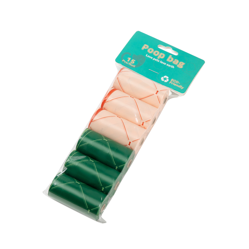 Βιοδιασπώμενες σακούλες αποβλήτων σκύλου από EPI+HDPE, επίπεδο άνοιγμα, συσκευασία OPP 6/8/12 τεμαχίων, κανονικό πάχος