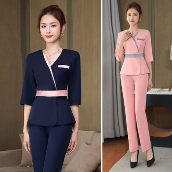 Lépfürdő-technikus egyenruha — felső V-nyakú, rövid ujjú, 3/4 hosszú nadrág, pamut-poliészter keverék, nedvességelvezető