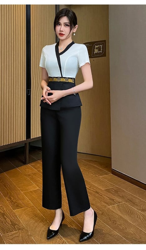 Lépfürdő-technikus egyenruha — felső V-nyakú, rövid ujjú, 3/4 hosszú nadrág, pamut-poliészter keverék, nedvességelvezető