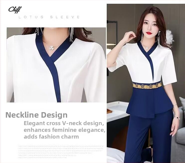 Lépfürdő-technikus egyenruha — felső V-nyakú, rövid ujjú, 3/4 hosszú nadrág, pamut-poliészter keverék, nedvességelvezető