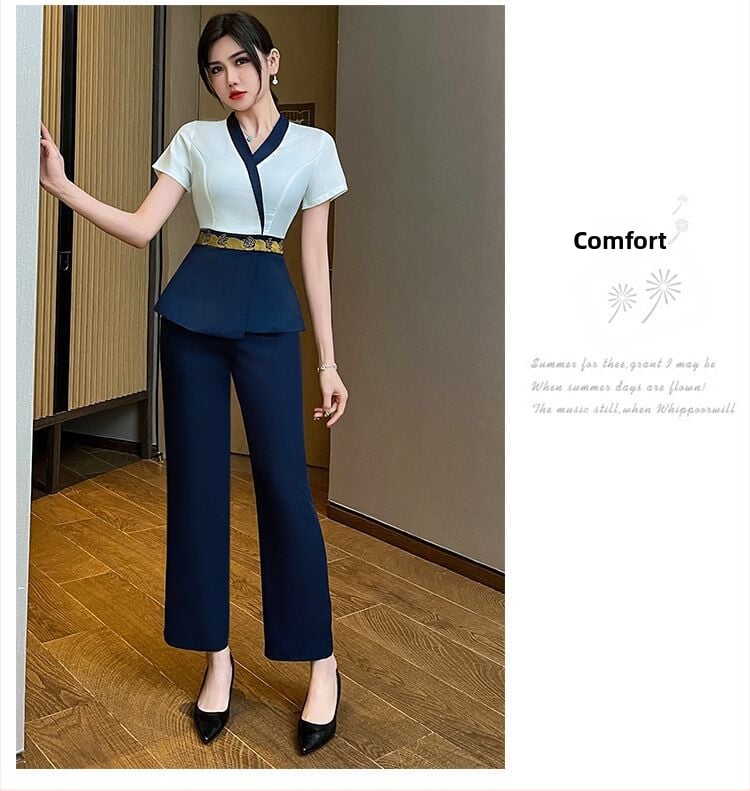 Lépfürdő-technikus egyenruha — felső V-nyakú, rövid ujjú, 3/4 hosszú nadrág, pamut-poliészter keverék, nedvességelvezető