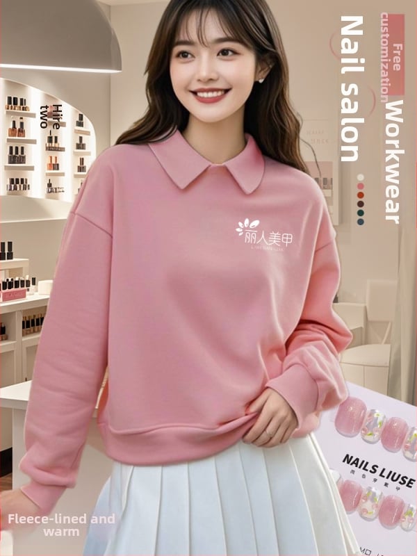 Суитшърт за маникюрен салон - работно облекло с рекламно лого, дълъг ръкав, без качулка, странични джобове, тъкан: корейска памук/полиестер смес