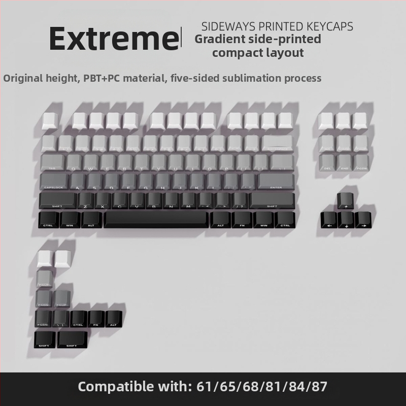 Gradientové priehľadné kryty klávesov pre mechanickú klávesnicu s rozložením 87 a 68 kláves, bočné gravírovanie, päťstranná sublimácia, káblové pripojenie