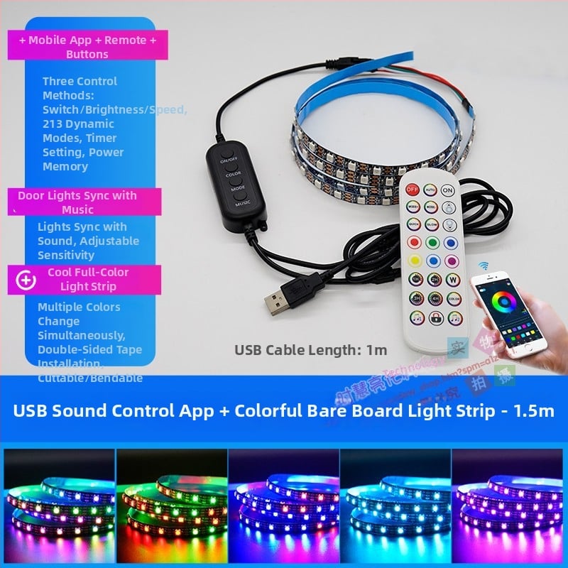 LED лента за компютърно бюро - самозалепваща, USB захранване, 5V вход, 12W, управление чрез приложение, IP65